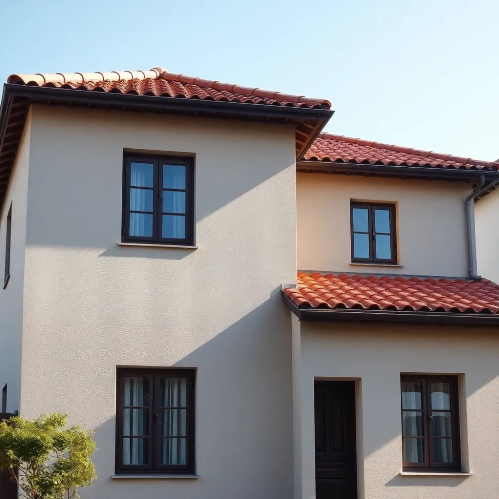 Dom z brązowym dachem i szara elewacja