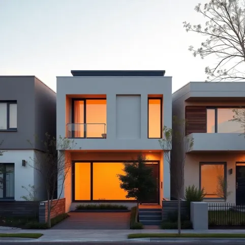 Elewacje domów piętrowych z płaskim dachem